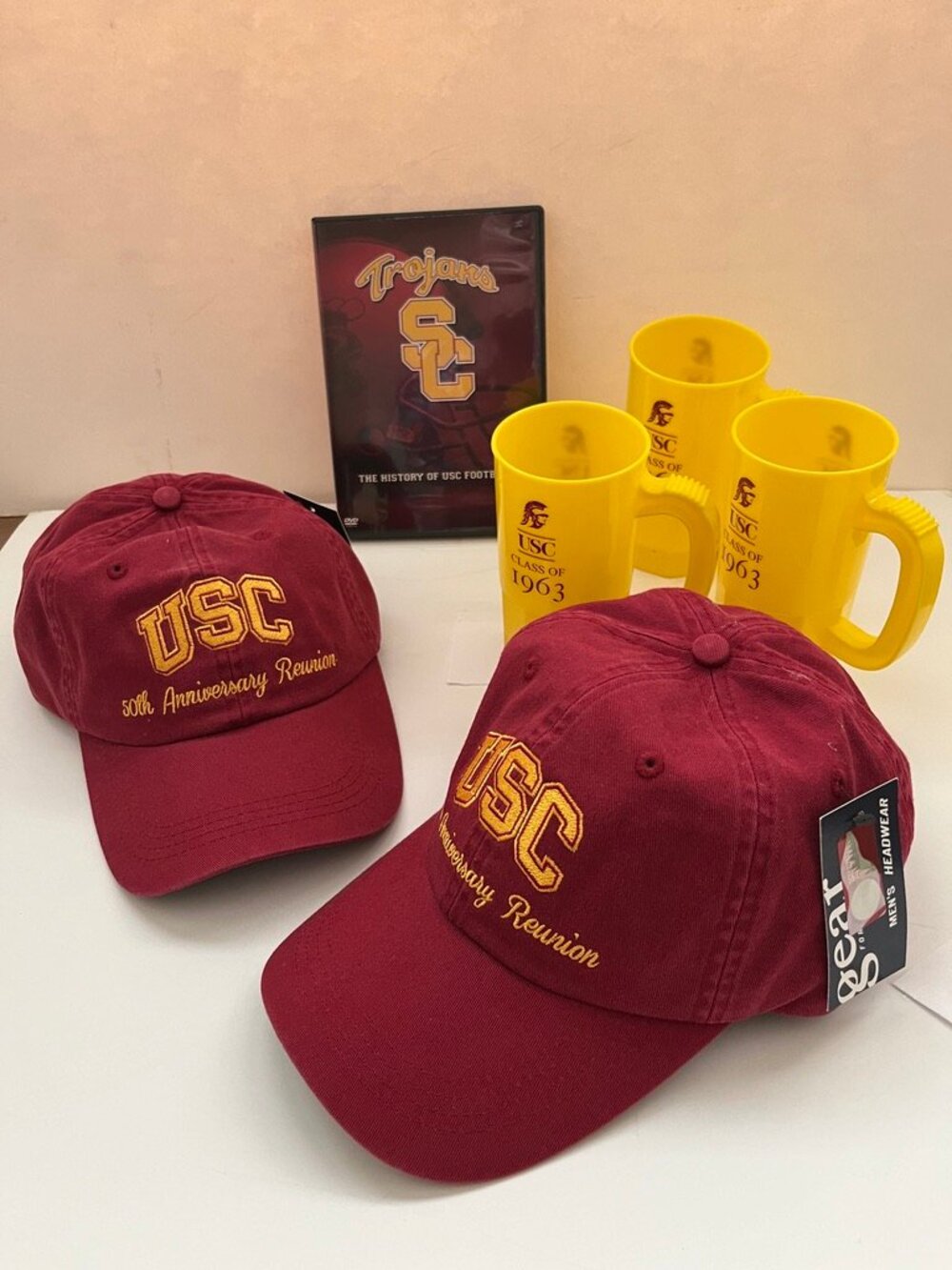 USC Class of 1963 Plastic Mugs, 50th Anniversary Reunion Caps, USC Football DVD